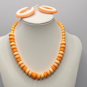 Vintage Peach Color Plastic Bead Necklace and Post Pierced Plastic Earrings